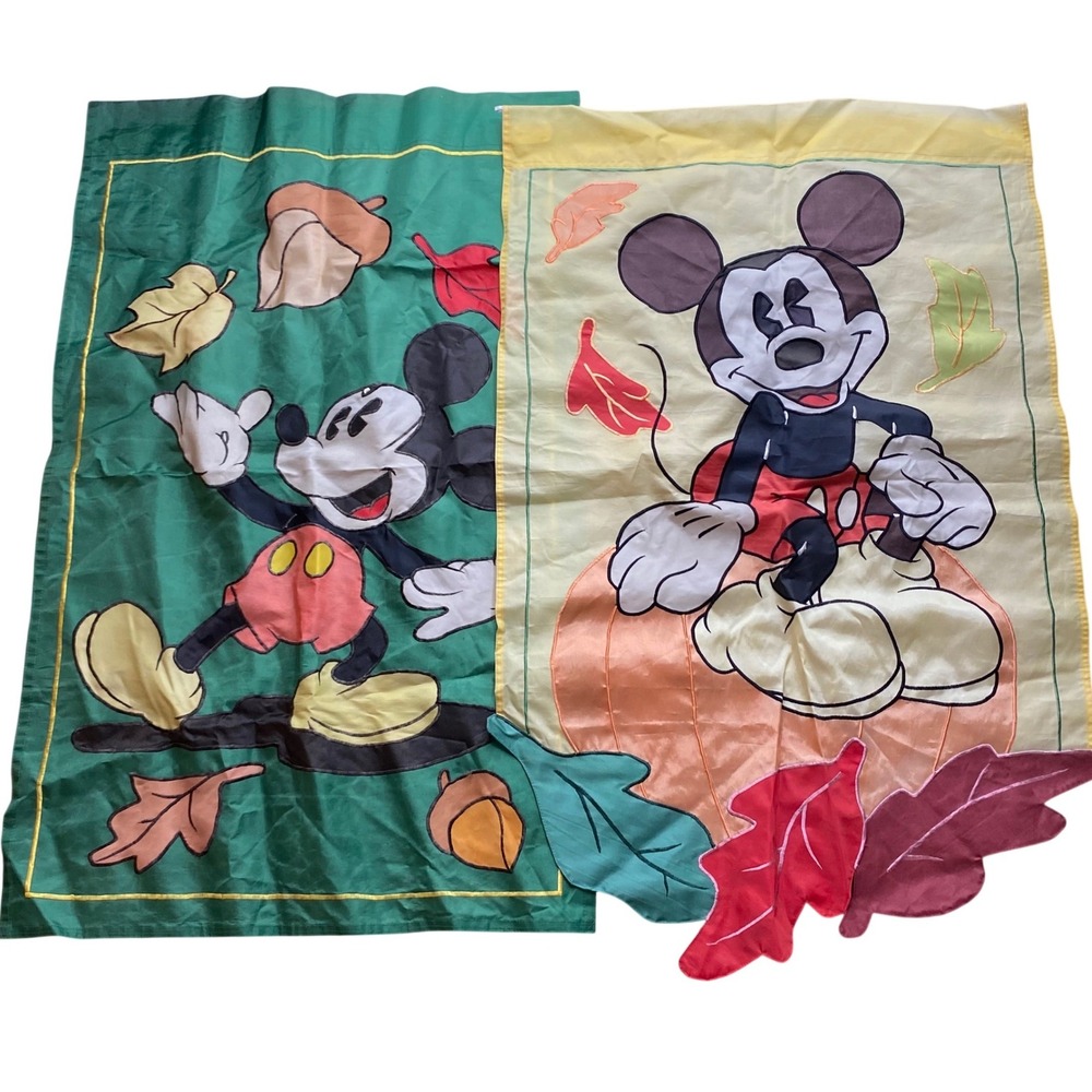 VINTAGE, Lot of 2 Disney Mickey Mouse Fall Garden Flag Double Sided Autumn Decor
